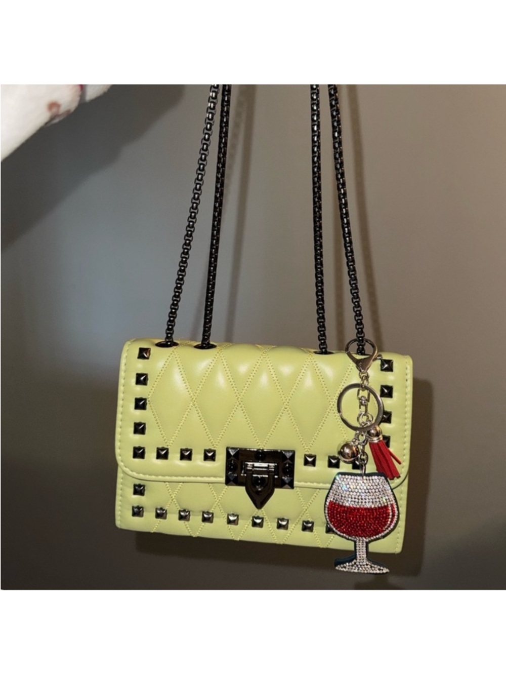 Quilted Stud-Trim Shoulder Bag in Yellow with Wine Glass Bag Charm - Picture 2 of 6